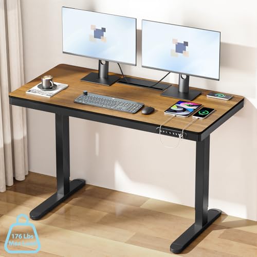 Image of Electric Standing Desk with Drawer and Wireless Charging, 48 Inch Sit Stand Desk with USB Charging Station, Hidden Cable Management Tray, Height Adjustable Computer Desk for Home Office, Walnut