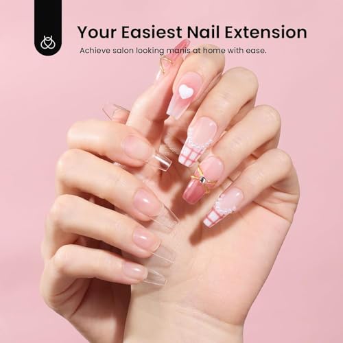 Image of Beetles Gel Nail Kit Medium Coffin with Nail Dehydrator and Primer, 576Pcs Half Matte Etch-X Gel Tips Solid Glue Mini Lamp Acrylic False Tips Easy DIY Extension Set Gift for Women