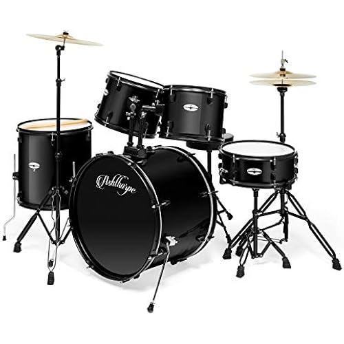 Ashthorpe 5-Piece Complete Full Size Adult Drum Set with Remo Batter Heads - Black