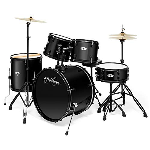Ashthorpe 5-Piece Complete Full Size Adult Drum Set with Remo Batter Heads – Black