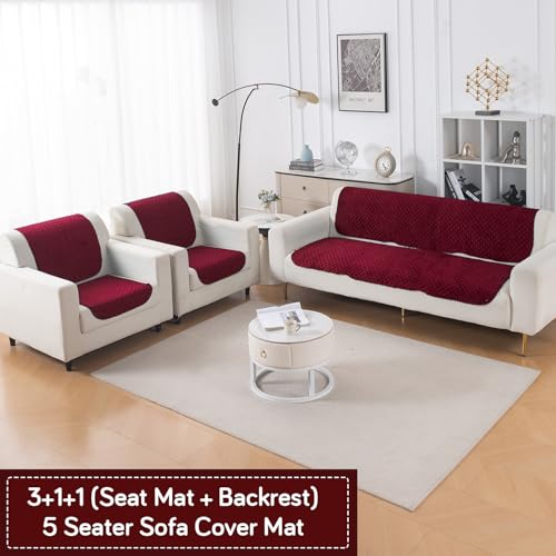 Image of HOKIPO Quilted Sofa Cover 5 Seater Set (3+1+1) - Sofa Cover for Seat & Back | 'Quilt Classic' Maroon (IN-927 * 2+925 * 4-MRN)