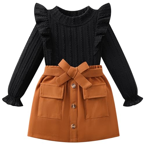 Image of Weixinbuy Toddler Girl Fall Winter Clothes Solid Long Sleeve Ribbed T-Shirt Knit Tops Plaid Button Mini Skirts Set Outfits
