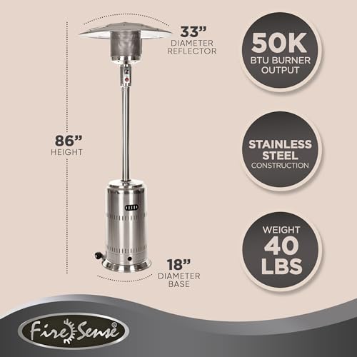 Fire Sense 01775 Performance Series Patio Heater With Wheels 50,000 BTU Output Electronic Ignition System Portable Outdoor Propane Heater - Unpainted Stainless Steel - Thumbnail 3