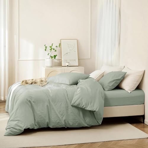 Image of Viewstar Premium Cotton Duvet Cover, King Size 91x101 Inches, 300 Thread Count, Ultra-Soft, Wrinkle-Free, Cotton-Quilt /Comforter Zipper Cover (Sage Green)