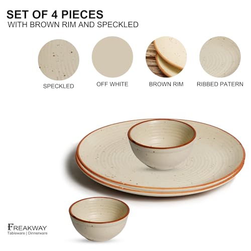 Image of Freakway Handcrafted Ceramic Stoneware Cream White Geometric Dinner Plates 10 Inches with Serving Bowl Set of 4 Pieces | 2 Dinner Plates with 2 Bowls | Dishwasher & Microwave Safe - Off White