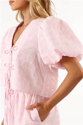 Image of Yuemengxuan Women Y2k Two Piece Plaid Lounge Sets Puff Sleeve Tie front Blouse Top High Waist Shorts Casual Pajamas Sets