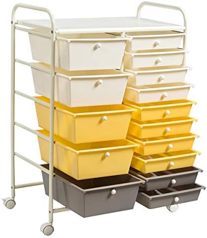 GiantexUK 15 Drawers Rolling Trolley, Utility Storage Organizer Cart with Wheels, Home Office Hairdressing Salon Shelving Organizer Unit (Yellow)
