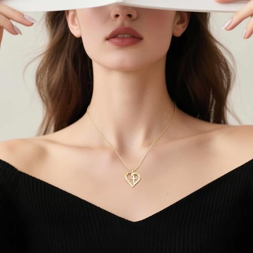 Cross Necklace for Women 14K Gold Cross Necklaces for Women Gold Heart Necklaces for Womens Crosses Chain Pendant Combine Classic Elements of Romantic and Faith Chain Crosses Heart Necklace for Womens 17.7+1.7in3
