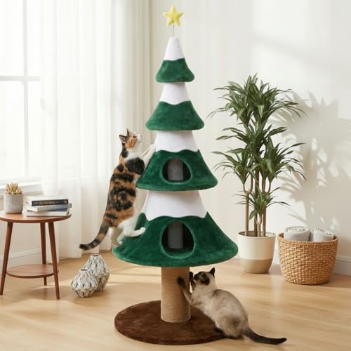 62 Cat Tower for Indoor Cats Multi-Level Wooden Cat Tree with Sisal Scratching Posts Cozy Cat Beds & Modern Holiday Design Green