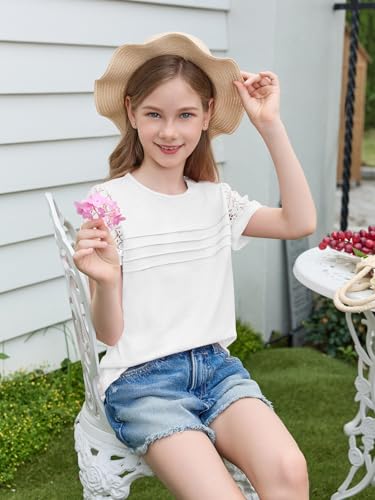 Image of Haloumoning Girls Short Sleeve T Shirts Kids Summer Lace Crewneck Tops Fashion Pleated Tees 5-14 Years