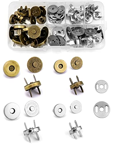 QWORK® 20 Piezas Botónes Magneticos, Ø14mm/18mm Cierre de Botones para Bolsos Carteras Monederos y Ropa (Bronce & Plateado)