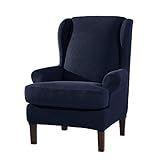 Subrtex 2-Pieces Spandex Elastic Arm Wingback Cover Waffle Fabric Back Furniture Protector Stretch Sofa Slipcovers for Living Room（Wing Chair，Navy）
