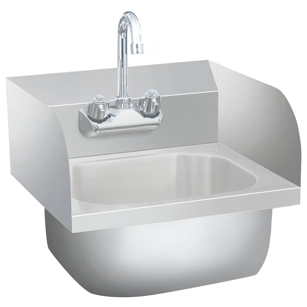Lavabo a mano, in acciaio inox, con rubinetto e pannello