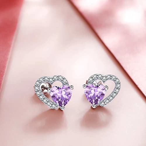 Heart Birthstone Stud Earrings - Sparkling Double Dainty Hollow Hearts Forever Love 925 Sterling Silver Platinum Plated 12 Months Zircon Birthday Gifts for Women Girls3