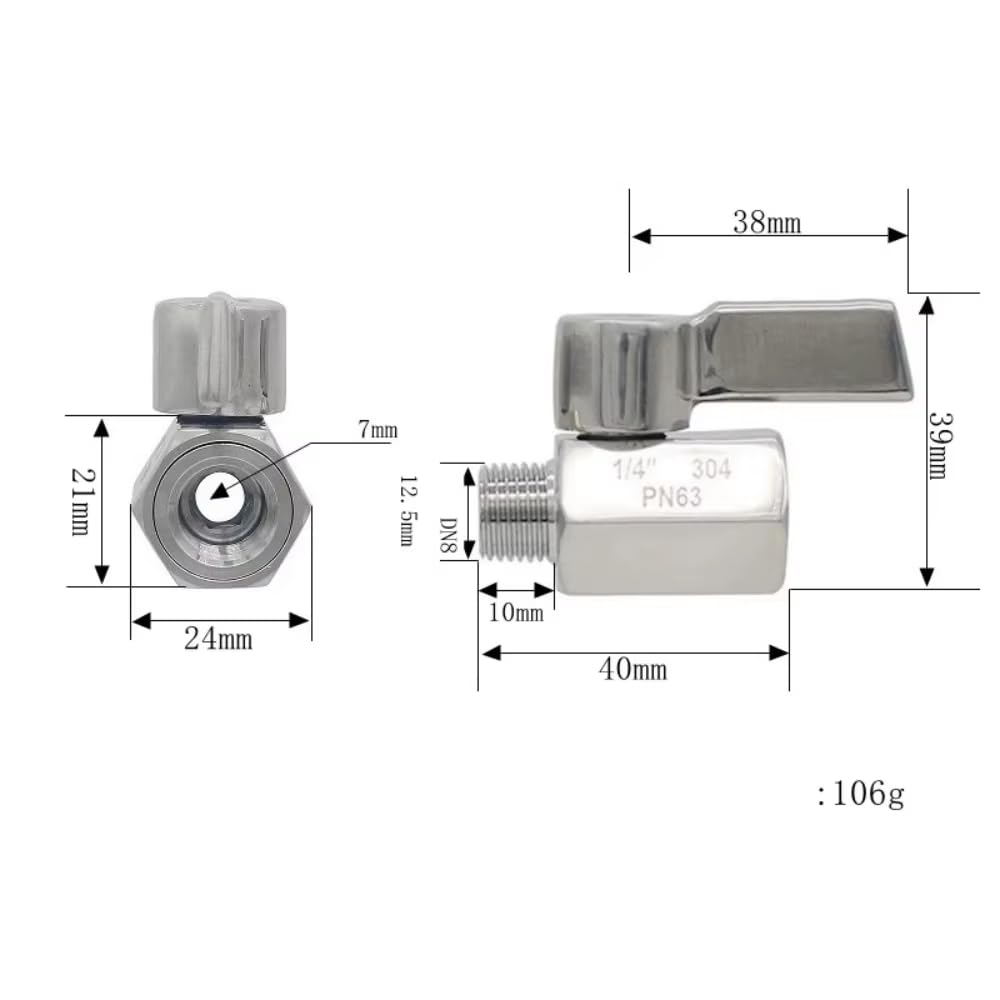10 valvole a sfera mini in acciaio inox con filettatura femmina/maschio G1/4 e leva manuale DN8