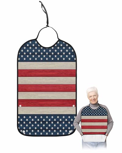 Stripes Stars American Flag Adult Bib for Adults Men,Women,4th of July Farmhouse Woodgrain Washable & Adjustable Terry Cloth Bib with Crumb Catcher Reusable Waterproof Clothing Clothes Protector Apron