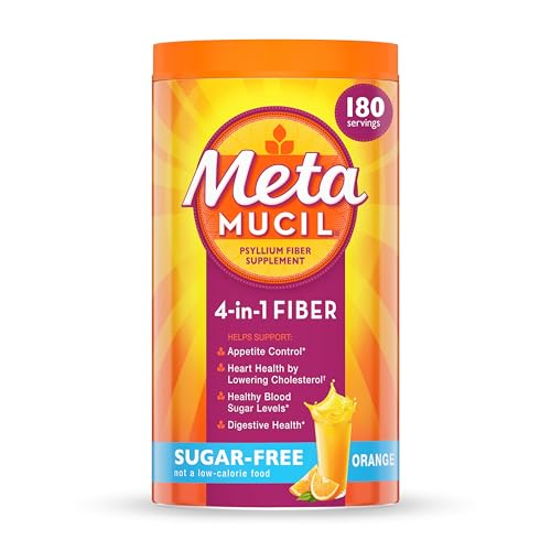 Metamucil 4-in-1 Psyllium Husk Fiber Supplement, Sugar-Free, 180 teaspoons, Orange Flavored, Daily Fiber Powder for Digestive Health, made with Plant-Based Psyllium Husk Fiber