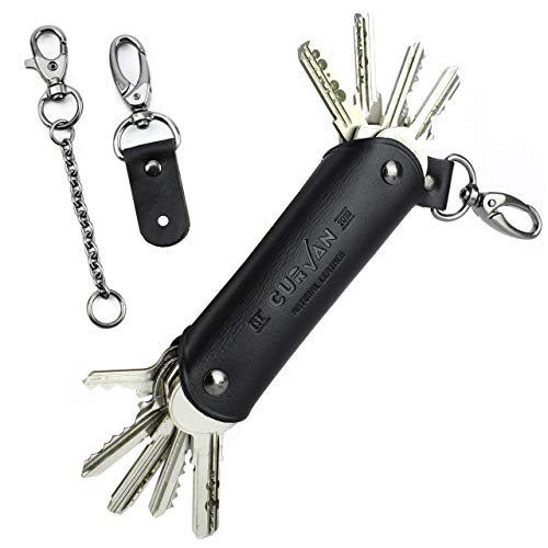 CURVAN - Organizador de Llaves de Piel Vintage para Hombre 1-10 Llaves | 100% Cuero Auténtico de Búfalo | Llavero Porta-Llaves Compacto | Leather Compact Key-Smart Holder | en Caja de Regalo (Negro)