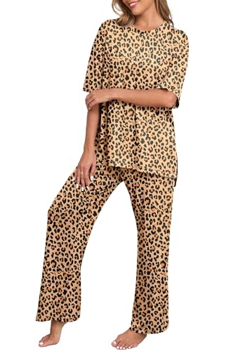 Image of PrinStory Womens Pajamas Sets 2 Piece Lounge Set Short Sleeve Tops and Long Pants Soft Pjs Loungewear with Pockets