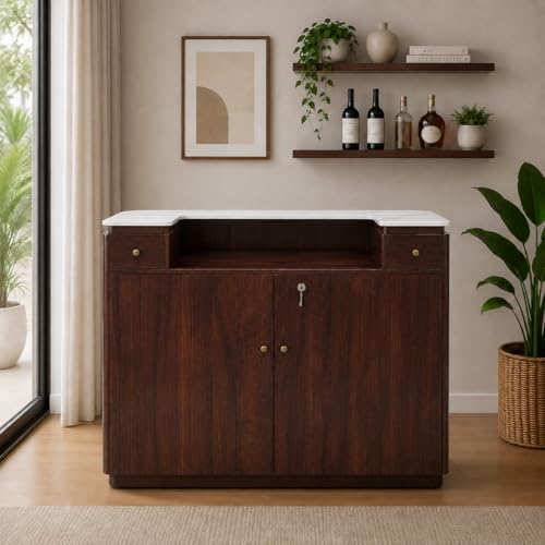 Image of The Attic Jalsa Bar Cabinet, Walnut Finish | Hard and Soft Drinks Storage, Wine Whisky Scotch, Round Bar for Home