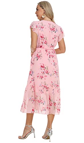 Image of VintageClothing Womens Sundress Casual Floral Summer Boho Dress | Flowy Wrap V Neck Ruffle A-Line Pleated Hem Midi Dresses