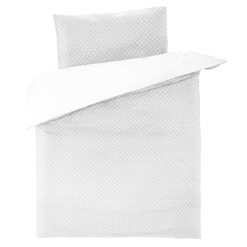 Fillikid Babybettwäsche - Deckenbezug 80x80 cm, Kissenbezug 35x40 cm - 100% Baumwolle - Kinder Bettwäsche Set mit Hoteleinschlag, OekoTex geprüft - Grau Weiß Punkte