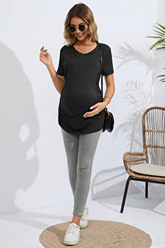 Mesibucu Maternity Nursing Tops For Breastfeeding V-Neck T-Shirt Short Sleeve Clothes Black #TOP5