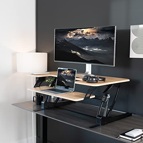 Image of VIVO Real Bamboo 42 inch Standing Desk Converter, DESK-V000VLO | Height Adjustable, Stand Up Desk Riser, Wide Keyboard Tray, Dual Monitor and Laptop Workstation, Black Frame, V Series