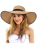 Senker Fashion Sun Hats for Women Oversize Wide Brim Straw Beach Hat Floppy Foldable Roll-Up Summer Vacation UPF 50+ Khaki Black