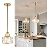 Dijiahua Gold Pendant Lights Kitchen Island 2 Pack,Modern Crystal Pendant Light Fixtures Over Table, Mini Brass Dining Room 1-Light Chandelier,Adjustable Cord Hanging Lamp for Bedroom,Hallway