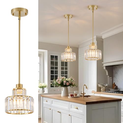 Dijiahua Gold Pendant Lights Kitchen Island 2 Pack,Modern Crystal Pendant Light Fixtures Over Table, Mini Brass Dining Room 1-Light Chandelier,Adjustable Cord Hanging Lamp for Bedroom,Hallway