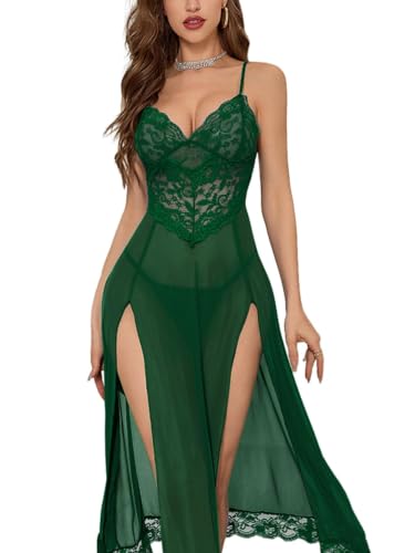 Image of Foxiny Sexy Split Mesh Lace Floral Sheer Babydoll Lingerie Outfit Dress 2 Piece with Thong Set