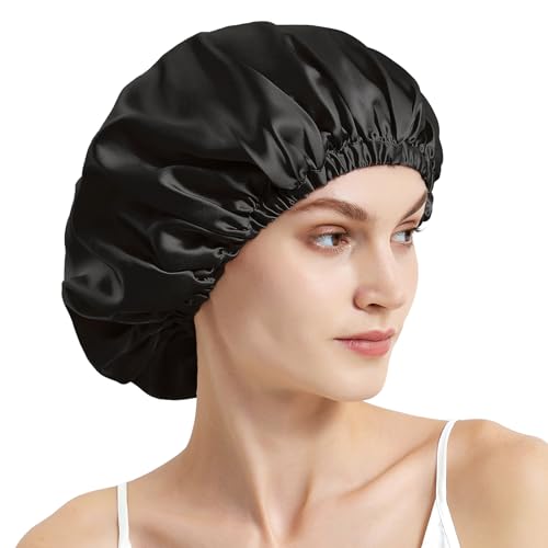 Mommesilk 100% Seidenmütze Damen 22 Momme Große Seidenschlafmütze Elastisches Band Seiden Turban für Frizziges Haar Schadensvorbeugung Schwarz