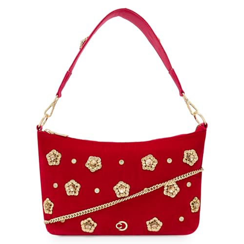 Image of Caprese Sapphire Small Hobo Bag for Women | Embroidery Velvet Sling Bag with Decorative Metal Flowers & Detachable Chain | Ideal for Festive Occasions