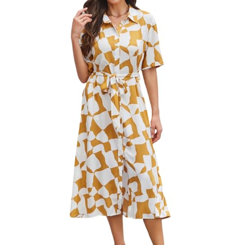 Image of BROVAVE Women's 2026 Summer Short Sleeve Work Dresses Tie Waist Button Down Animals Print Midi A-Line Shirt Dress