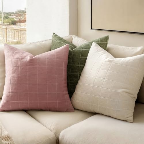 Image of MIULEE Blush Pink Plaid Decorative Throw Pillow Covers 20x20 Set of 2 | Vintage Check Chenille Couch Pillows Neutral Boho Farmhouse Cushion Covers Modern Home Decor for Sofa Bed Living Room
