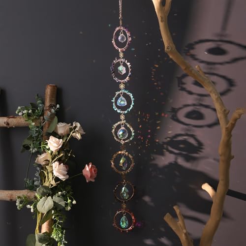 7 Chakra Healing Crystals Hanging Ornament，Handmade Chakra Stones Sun Catcher Natrual Gemstone Window Wall Hanging Ornaments for Home Decor Yoga Meditation(Colorful Circle+Crystal)