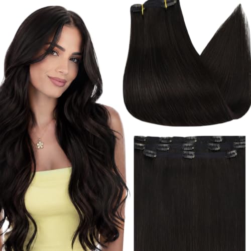 Full Shine Real Human Hair Extensions Clip ins, Natural Black