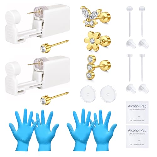 VFUN Pistola de perforación de oreja, kit de perforación desechable sin dolor, fácil de usar, kit de pistola de perforación de oreja dorada y plateada, herramienta para negocios y perforaciones en