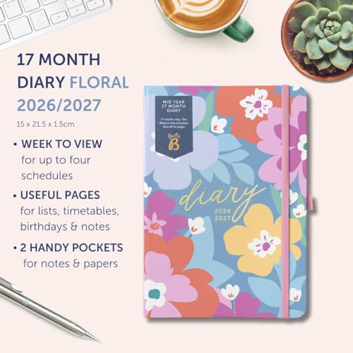 Busy B A5 Diary - Mid-Year 17 Month Aug '26 - Dec '27 - Floral Academic Diary - Week to View Planner with Pen Loop, Tear-off Lists, Elastic Closure Band & Storage Pockets - Image 2