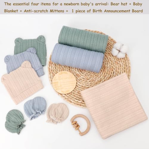 Image of BQUBO 3 Sets Baby Swaddle Blankets Swaddling Wrap with Hats Mittens Newborn Soft Silky Nursery Receiving Blanket Cute Bear Ears Hat Elastic Gloves Set for Unisex Baby 0-3 Months