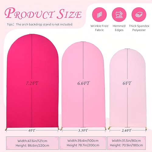 Image of Gradient Pink Arch Backdrop Cover Set of 3 (7.2ft, 6.6ft, 6ft), Ombre Hot Baby Blush Pink Chiara Frame Covers, Spandex Wrinkle-Free Fabric for Girl Birthday Party Decor (No Stand)
