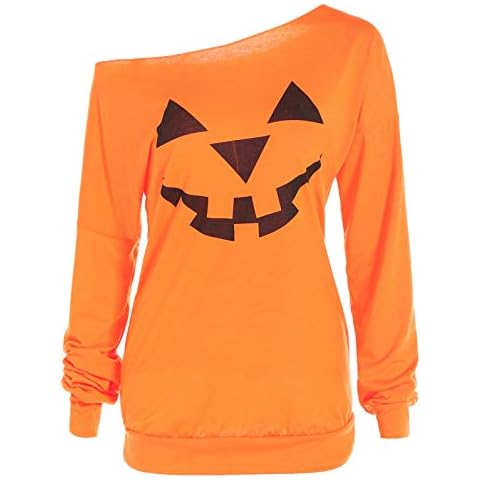 Women Wide Neck Long Sleeve Halloween Pumpkin Pullover Sweatshirts, Orange Pumpkin, XL Cover