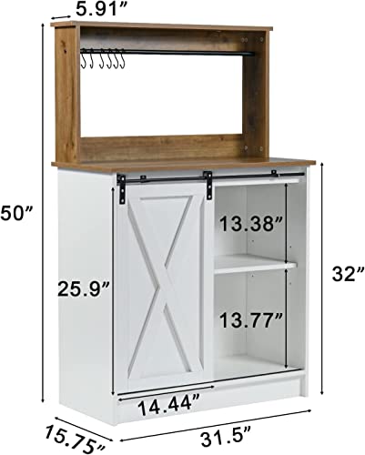 Farmhouse Coffee Bar Cabinet With Storage, Kitchen Buffet Sideboard Storage Cabinet With 6 Hooks,White Coffee Bar Table With Sliding Barn Door,Coffee Hutch With Adjustable Shelf For Living Dining Room #TOP1