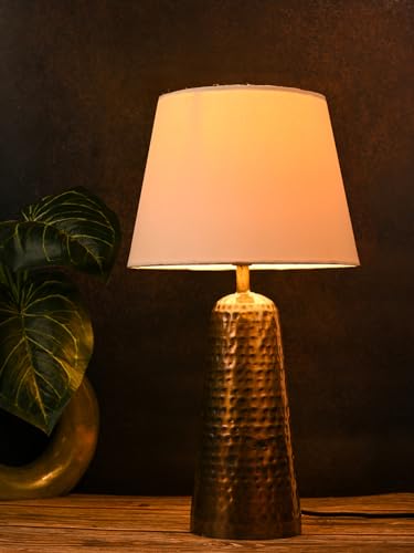 Image of Green Girgit Golden Hammered V-Shaped Lamp with Taper Solid White Shade | Galvanized Iron Bedside Metal Handcrafted Night & Reading Lamp | Home & Living Room Decor Item