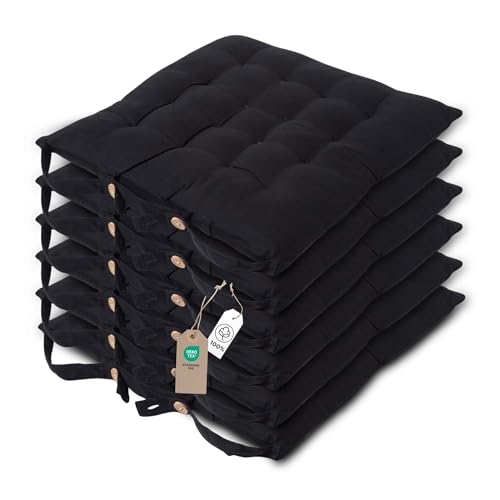 HOMESCAPES Galette de Chaise 40x40 cm, Lot de 6, Coussin de Chaise en Coton, Coloris Noir