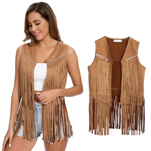 XonyiCos Damen Fringe Weste 70er Hippie Kostüm ärmellose Cowgirl Western Outfits Faux Wildleder Tassel Leder Oberbekleidung (DE/NL/SE/PL Alphanumerisch 3XL Regular Regular Khaki Quaste Weste)