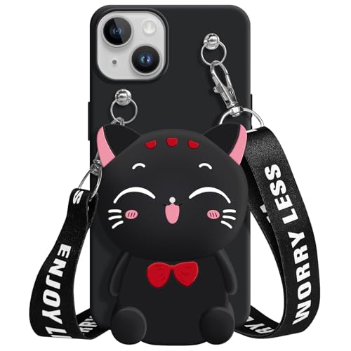 Custodia a portafoglio per iPhone 14 con cordino carino gatto portamonete divertente custodia per telefono Kawaii in morbido antiurto cover per donne ragazze silicone nero