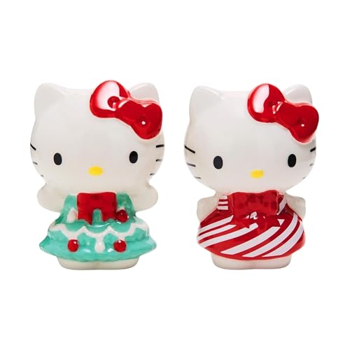 Silver Buffalo Sanrio Hello Kitty 3D Sculpted Festive Christmas Tree and Candy Cane Holiday Salt and Pepper Shaker Set