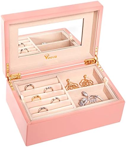 Voova Wooden Jewelry Box Organizer for Women Teen Girls, Luxury Piano Paint Jewelry Case with Mirror, Large Jewellery Storage Boxes Display Holder with Removable Tray for Earrings Rings Bracelets,Pink